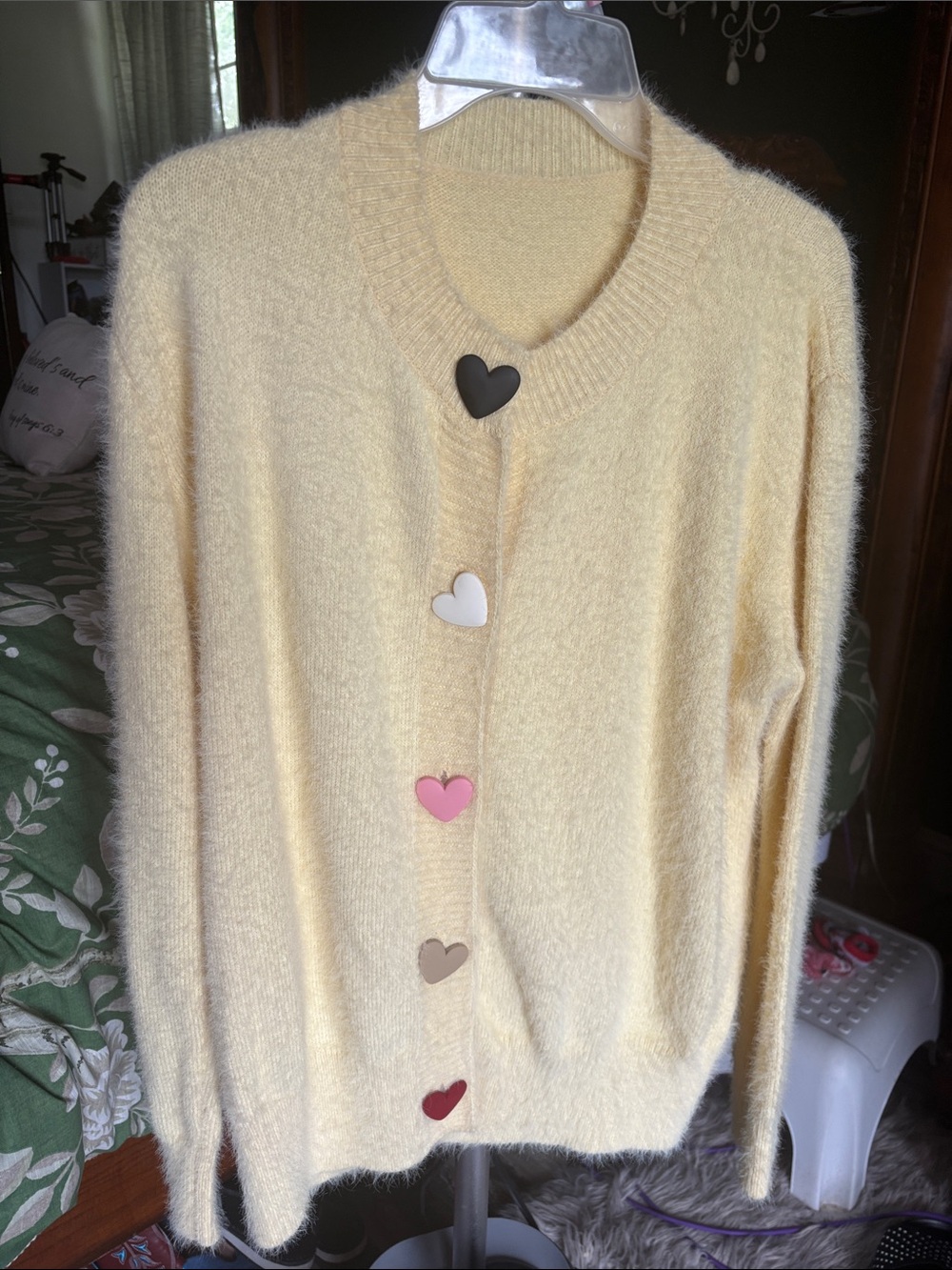 Soft Pastel Yellow Heart-Button Women’s Sweater